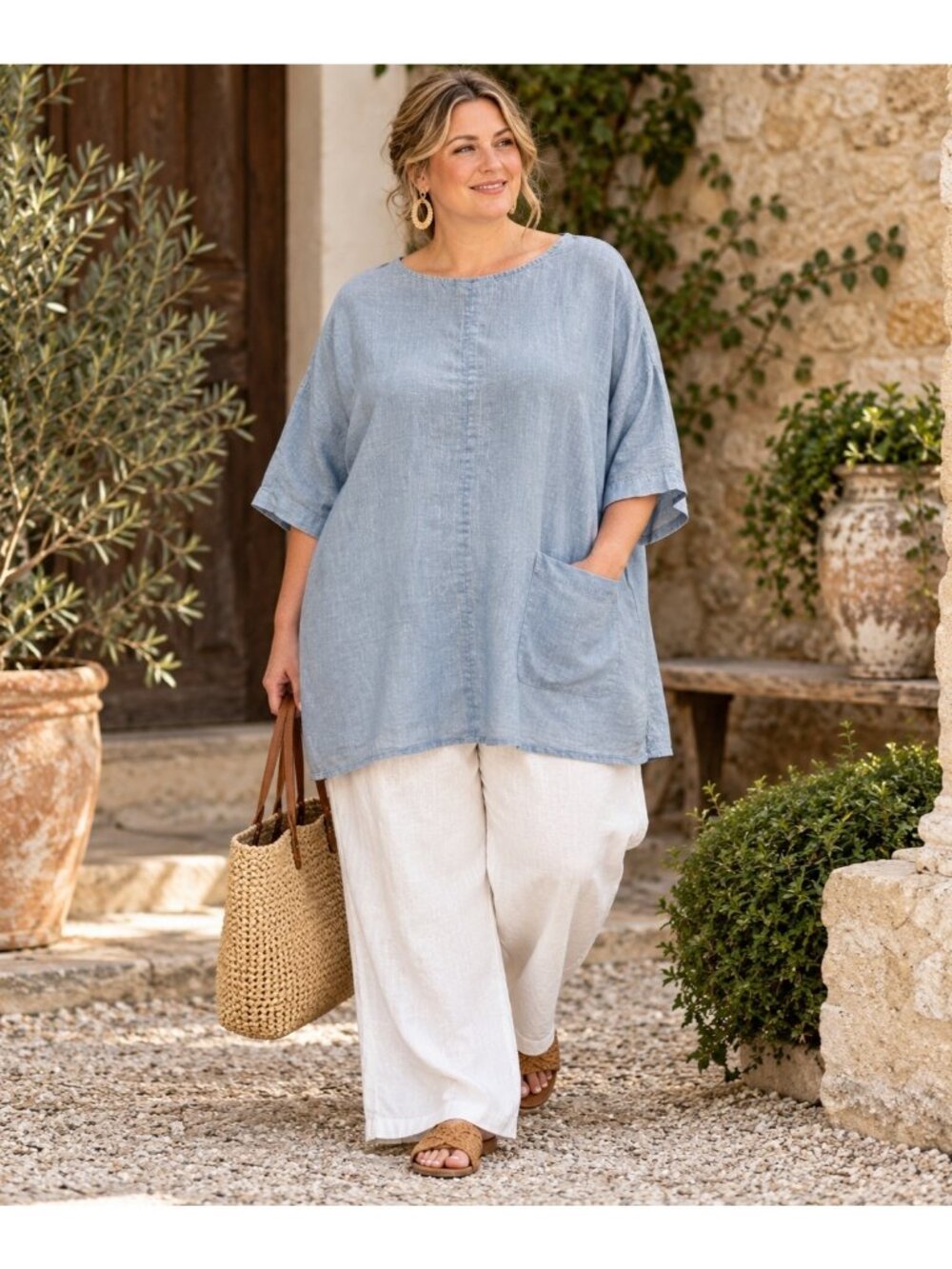 J.Jill Pure Jill Linen Tunic Top XL Blue Oversized Lagenlook Coastal Pocket